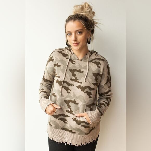 FATE | Camouflage Knit Distressed Hoodie Sweater | Size Small - Picture 2 of 9